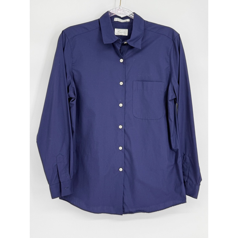 Foxcroft Womens Sz 8 Navy Blue Button Down Long‎ Sleeve Cotton Blend Shirt Top